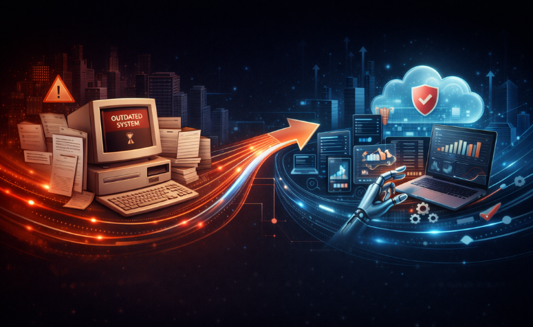 Ilustração mostrando a transição de um sistema antigo com papéis e computador obsoleto para plataformas digitais modernas conectadas à nuvem, representando a modernização tecnológica em seguradoras.