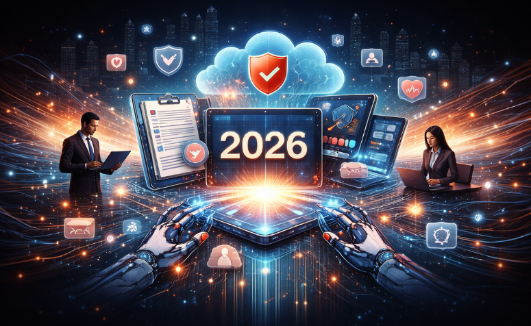 Ilustração de dispositivos digitais conectados à nuvem com ícone de segurança, representando a digitalização de processos no setor de seguros.