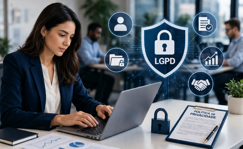 Profissional trabalhando no notebook em escritório moderno com ícones de segurança digital representando conformidade com a LGPD nas empresas.