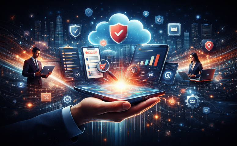 Ilustração de dispositivos conectados, nuvem com ícone de segurança e gráficos digitais representando a transformação digital em seguradoras.