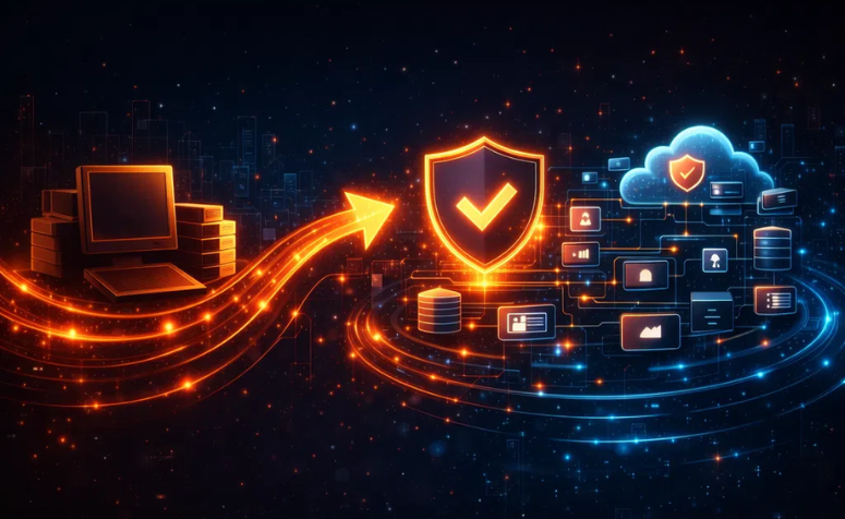 A imagem ilustra a evolução de um sistema tradicional monolítico para uma arquitetura baseada em microsserviços na nuvem, destacando aspectos de segurança e integração distribuída.