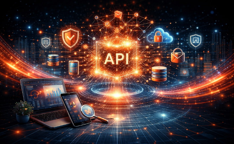 Ilustração digital futurista representando Arquitetura orientada a APIs, com elementos de segurança, nuvem, dispositivos e bancos de dados conectados por fluxos de dados, simbolizando integração de sistemas e transformação digital no setor de seguros.