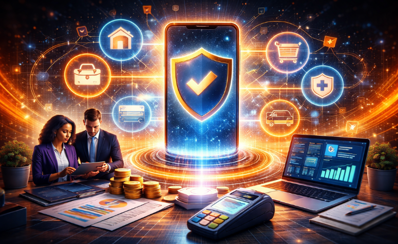 Ilustração de smartphone com escudo digital conectado a serviços como saúde, automóvel e compras, representando embedded insurance integrado a negócios digitais.