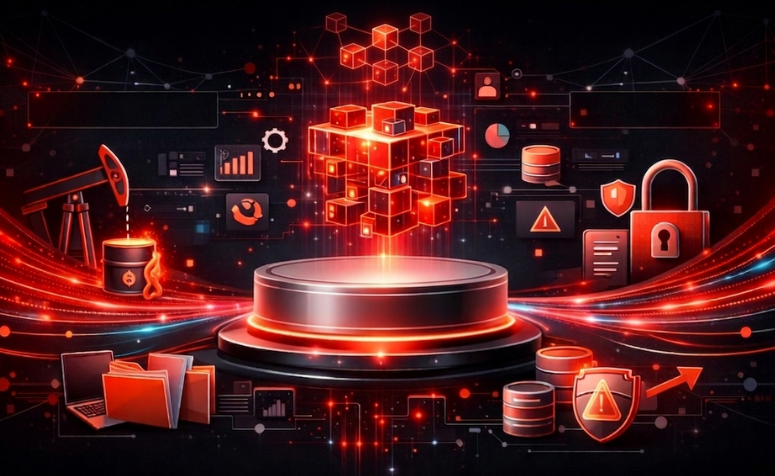 Ilustração digital em estilo futurista com iluminação neon vermelha e laranja sobre fundo preto.