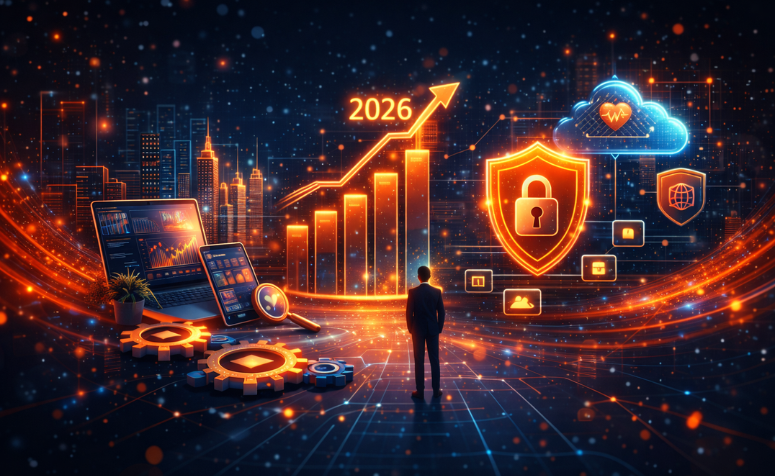 lustração digital futurista representando tendências do mercado de seguros para 2026, com gráfico de crescimento ascendente, ícones de segurança, nuvem e dados conectados, além de dispositivos digitais e cidade tecnológica ao fundo.