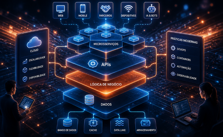 diagrama de arquitetura de software em camadas com microsserviços e APIs integrados