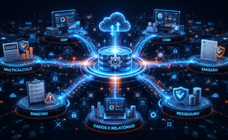 Ilustração futurista de integração de sistemas empresariais, conectando plataformas como ERP, CRM, emissão, sinistro e resseguro em um ecossistema digital com fluxo automatizado de dados.