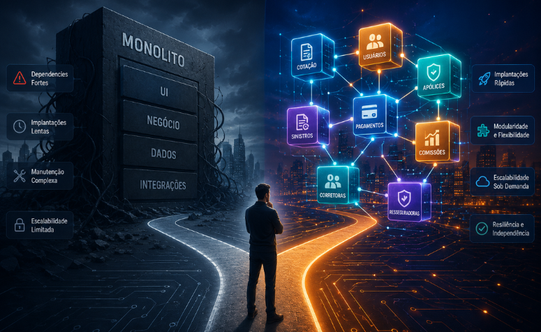 Imagem digital futurista contrastando duas arquiteturas: Microsserviços vs Monolito. À esquerda, um sistema monolítico rígido de bloco único; à direita, uma rede luminosa de microsserviços interconectados (cotações, apólices e sinistros), destacando a modularidade e a escalabilidade sob demanda.