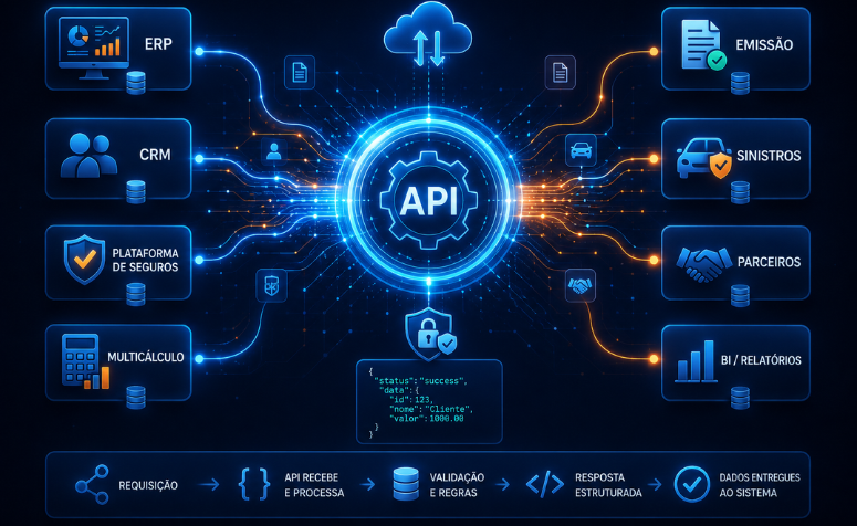 Infográfico sobre API conectando sistemas (ERP, CRM, seguros) através de requisição, validação e entrega de dados.