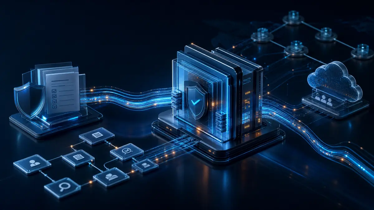 Ilustração tecnológica em azul com servidores em forma de dados, ícones de segurança e conexões de rede, representando API Management para seguradoras em um ambiente de nuvem e integração.