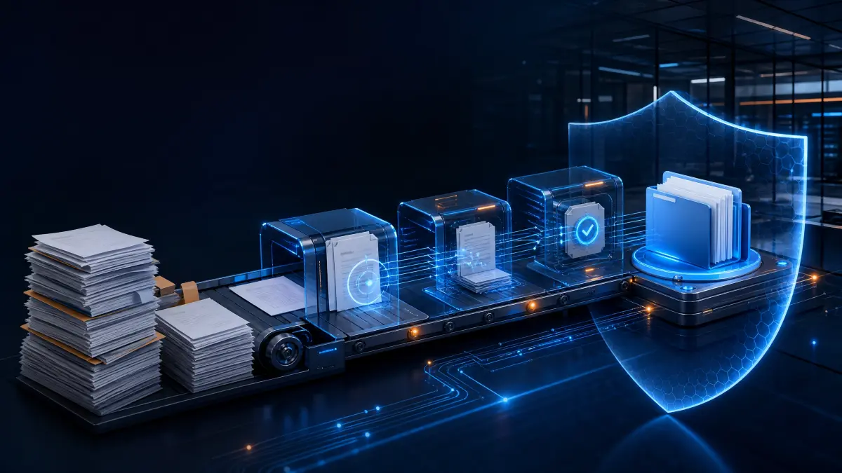 automação de documentos em seguros com esteiras de dados e documentos empilhados em uma interface digital de segurança, com ícones de verificação e escudo em iluminação azul