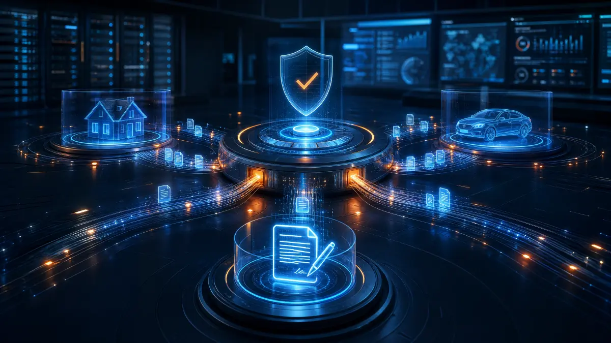 automação de processos em seguradoras: Ilustração digital de uma central com escudo de segurança e ícones de casa e carro em um painel holográfico, sugerindo automação e proteção de dados em seguradoras