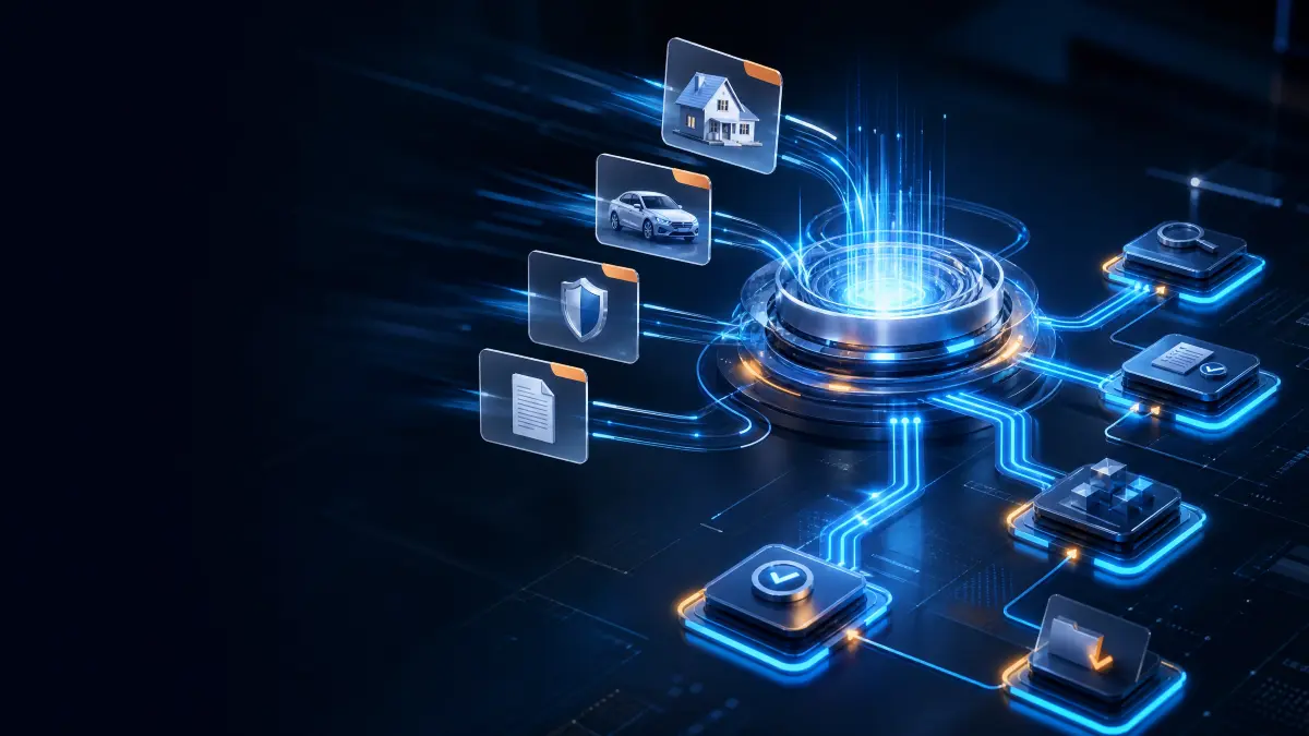 Ilustração digital com circuitos e ícones de casa, carro e documentos conectados a uma estrutura central, sugerindo automação de sinistros e tecnologia para gestão de processos