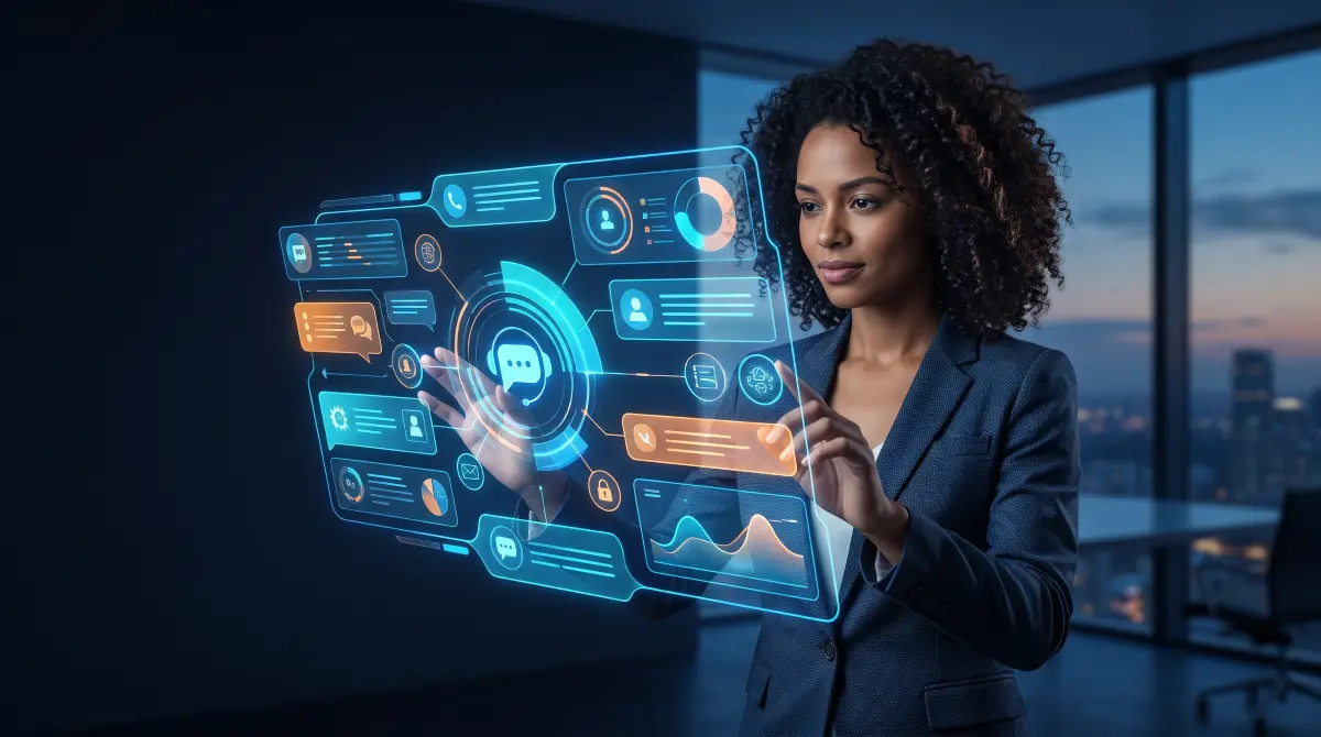 Mulher em escritório apontando para um painel holográfico com ícones digitais, chats e gráficos, representando chatbot para seguradoras em atendimento e automação.