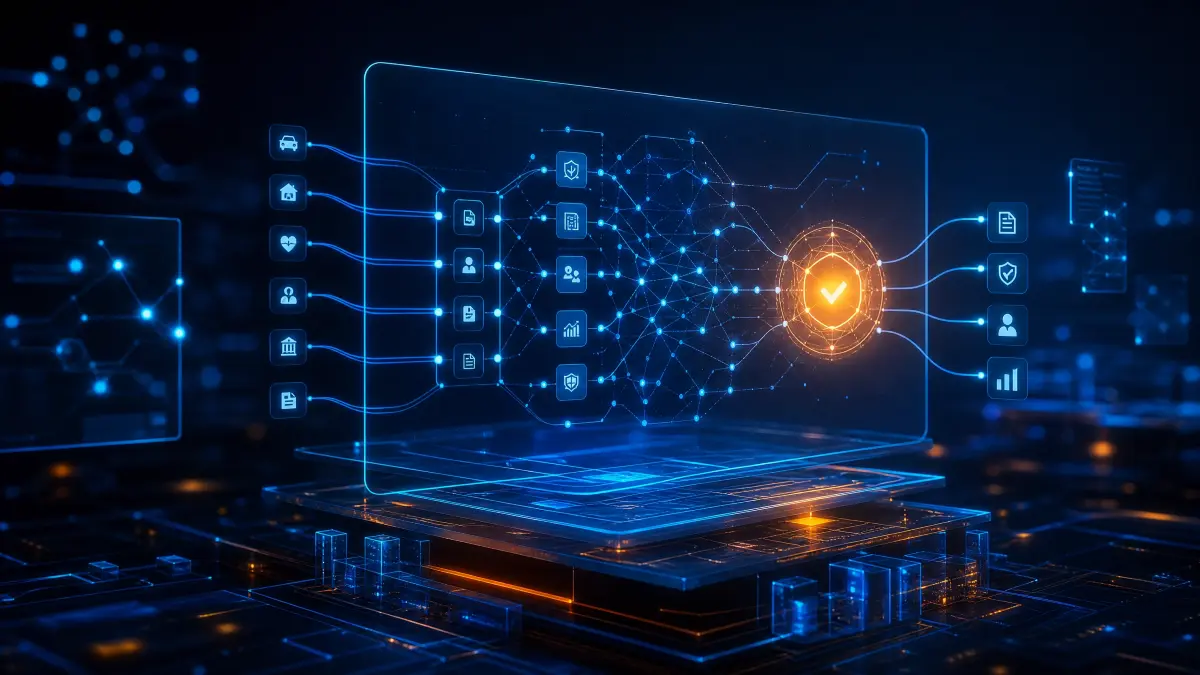 Tela de laptop com interface digital e rede de dados em fundo azul, com ícone de seguro e analytics em estilo tecnológico, sugerindo cotador de seguros com IA para simulações e análise de informações.