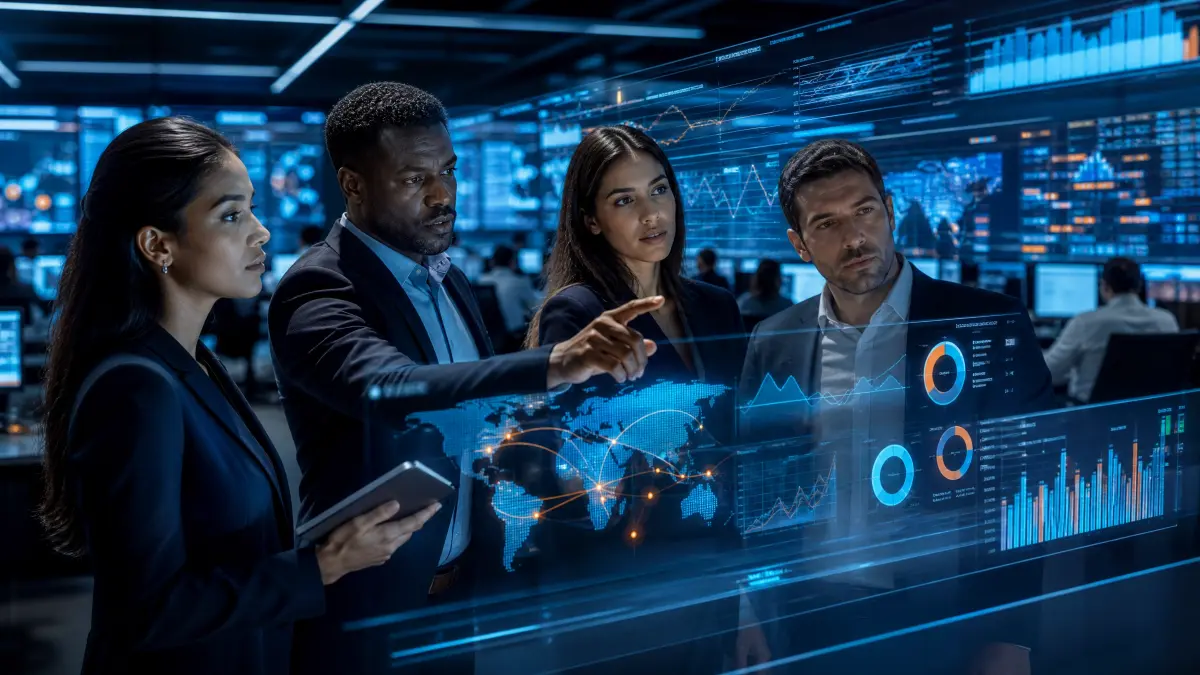 Profissionais do setor de seguros analisam dados e aplicações de inteligência artificial em uma operação integrada.