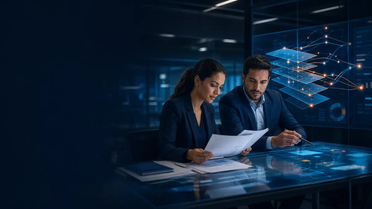 o que é resseguro: Equipe de profissionais em uma sala corporativa analisando documentos e dados em um ambiente tecnológico com gráficos e linhas luminosas ao fundo, transmitindo controle e segurança empresarial.