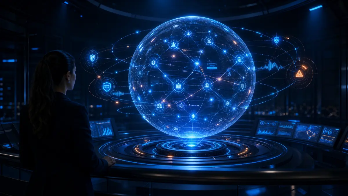 Pessoa em uma central de monitoramento observa uma esfera holográfica com rede de dados e ícones de segurança, simbolizando observabilidade em sistemas de seguros