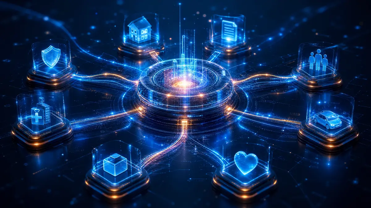 open insurance em visualização digital com ícones de casa, automóvel, saúde, pessoas e dados conectados em uma rede futurista com escudo de proteção e tecnologia em azul