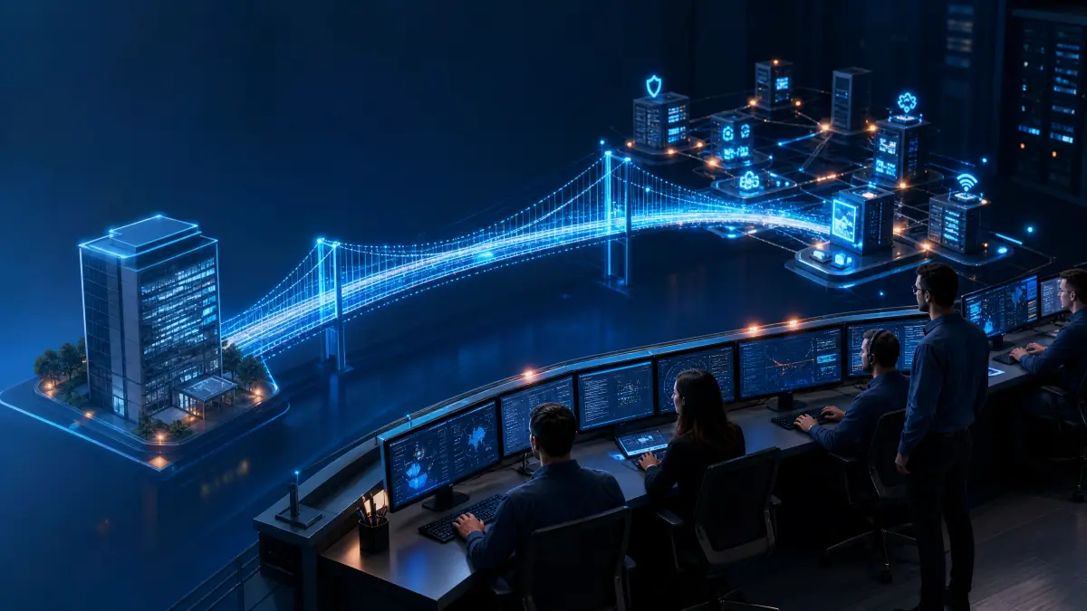 Cena de controle com equipe analisando telas e dados em um centro de operações, enquanto um mapa holográfico de infraestrutura de tecnologia conecta prédios e redes em visual azul. outsourcing de TI para Seguradoras