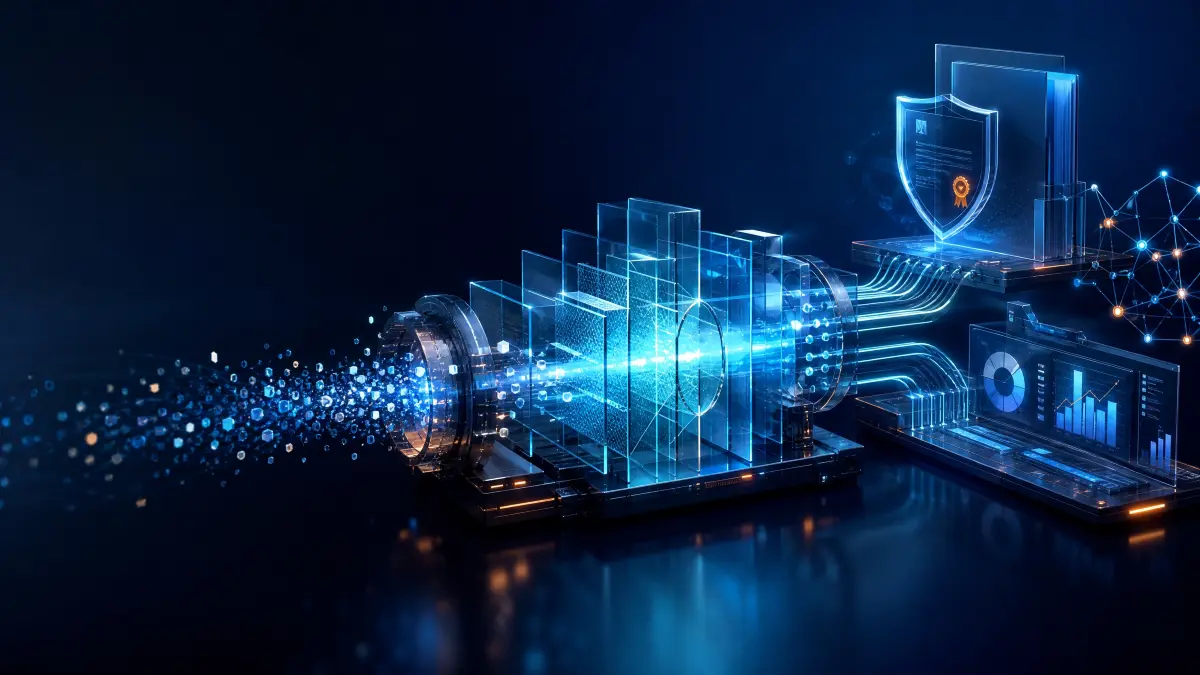 Tecnologia e analytics em ambiente digital, com painéis de dados, gráficos e um escudo de segurança sobre uma interface em azul, com conceito de qualidade de dados em seguradoras