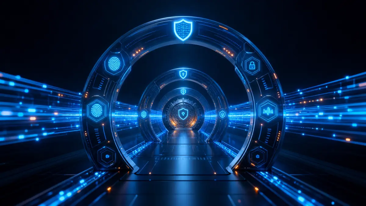 Ilustração em tons de azul com um grande arco digital de tecnologia, símbolos de segurança e escudos sobre um corredor de dados, remetendo à segurança de APIs no setor de seguros