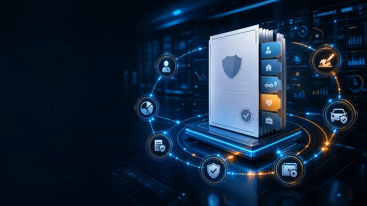ilustração de um sistema de gestão de apólices em um ambiente digital com tela central e ícones de proteção, usuários e documentos conectados por circuitos luminosos em azul