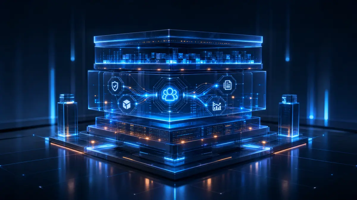Cena de controle com equipe analisando telas e dados em um centro de operações, enquanto um mapa holográfico de infraestrutura de tecnologia conecta prédios e redes em visual azul. outsourcing de TI para Seguradoras