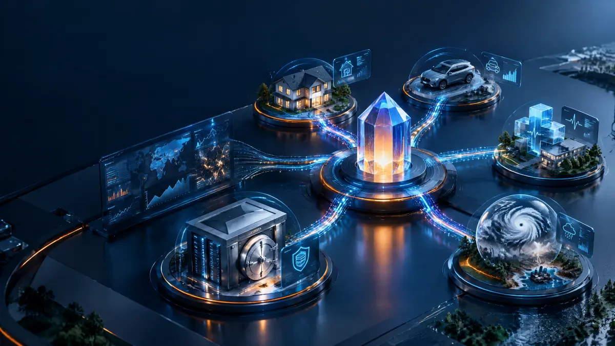 Cenário futurista com um holograma central em forma de núcleo luminoso e conexões digitais ao redor, com ícones de casas, escudos e dados, simbolizando agentes de IA para seguradoras.