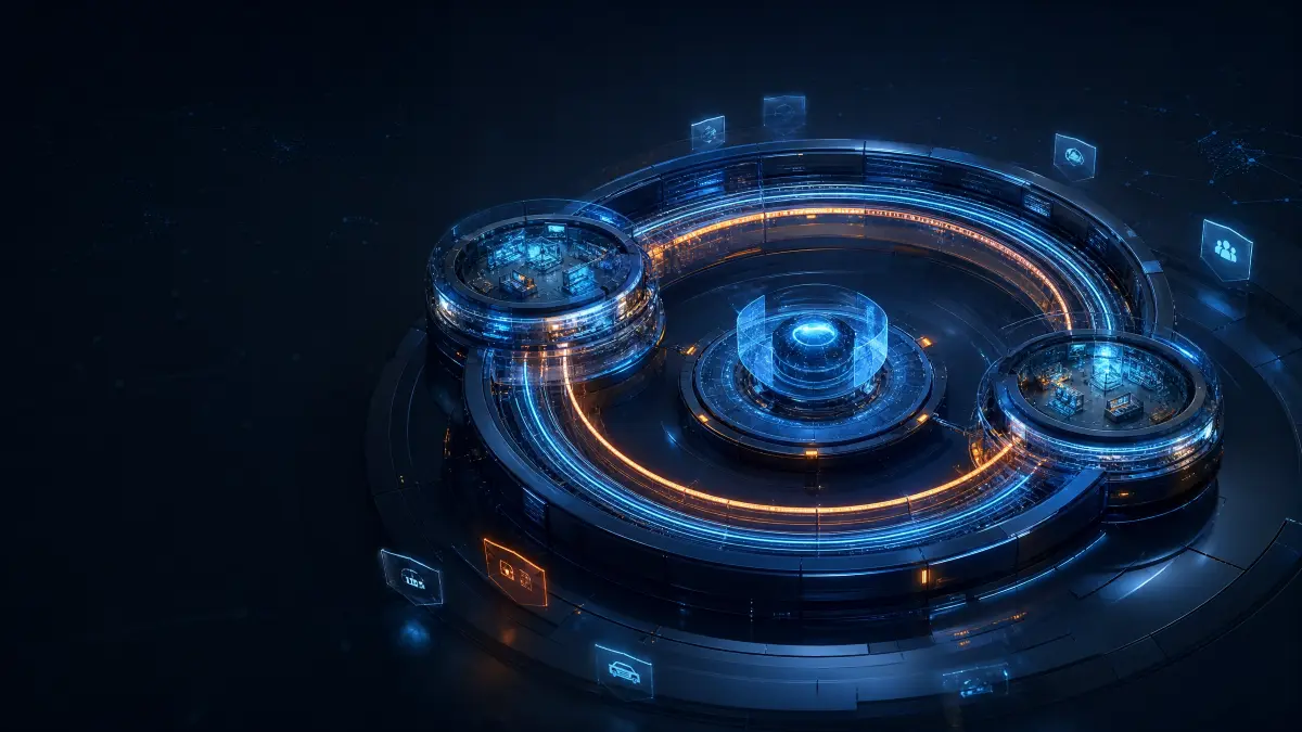 Ilustração futurista com um conjunto circular de dados e luzes azuis em forma de anéis conectados, sugerindo tecnologia e segurança para continuidade de negócios em seguradoras
