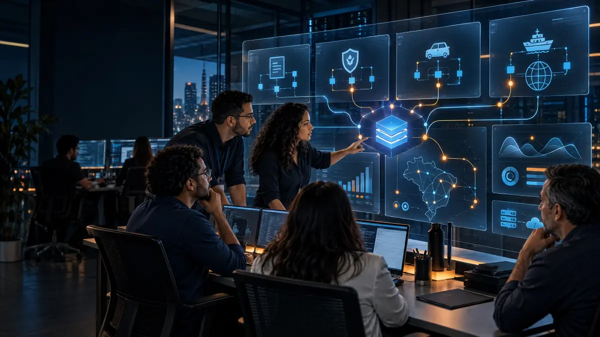 desenvolvimento de softwares para seguradoras: Equipe em uma sala de reuniões analisando painéis digitais com fluxos e diagramas tecnológicos, enquanto planeja desenvolvimento e integração de sistemas para empresas no contexto de segurança e conectividade.