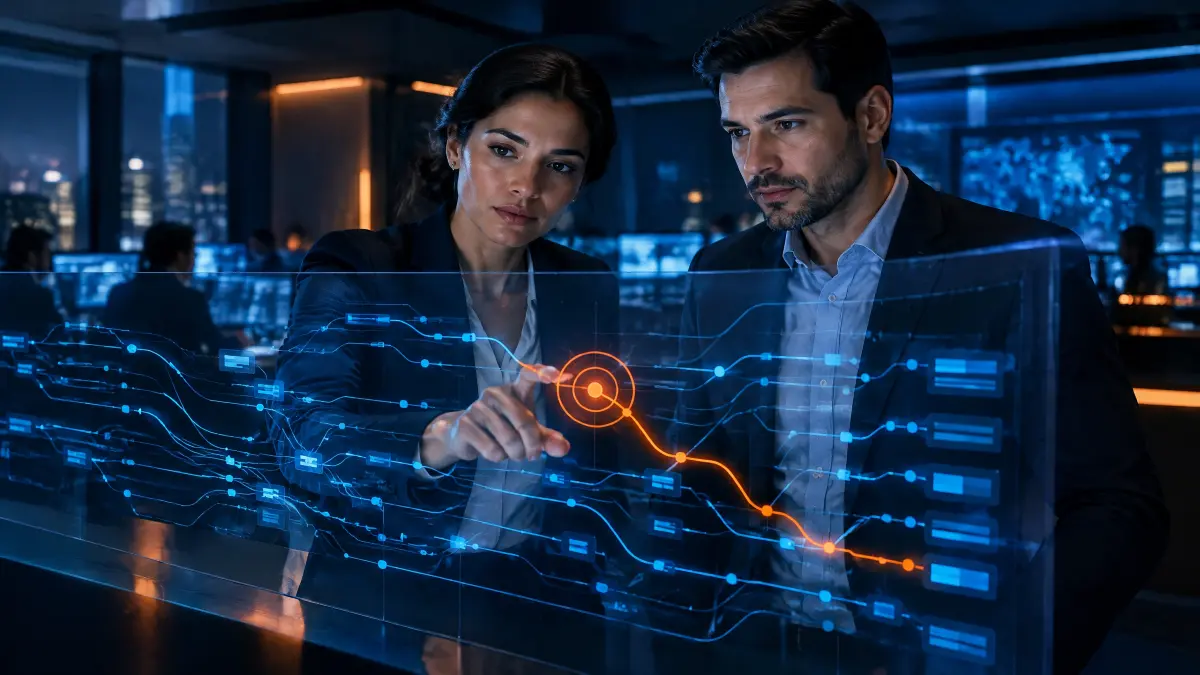 Dois profissionais analisam dados em uma interface holográfica com linhas e nós digitais, enquanto uma rota com ponto de destaque sugere detecção de fraude em seguros e análise avançada em ambiente corporativo.