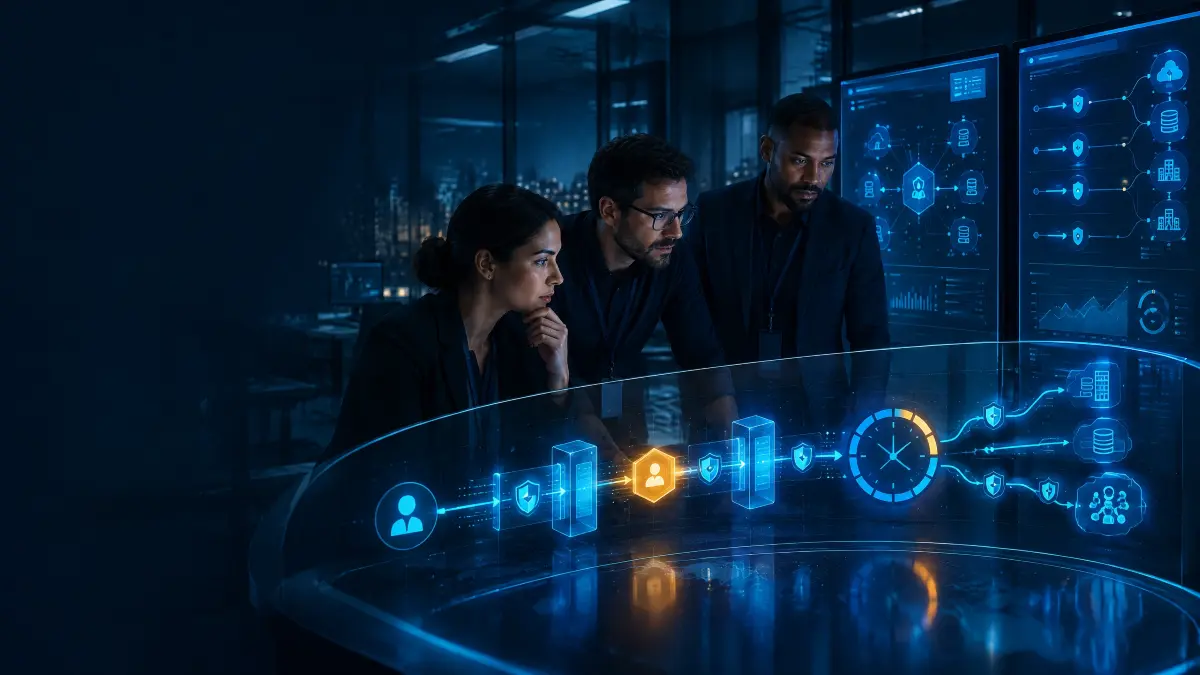 Equipe analisando segurança e dados em uma interface digital holográfica, com ícones de cadeados, permissões e alertas em um ambiente corporativo. Gestão de consentimento no Open Insurance.
