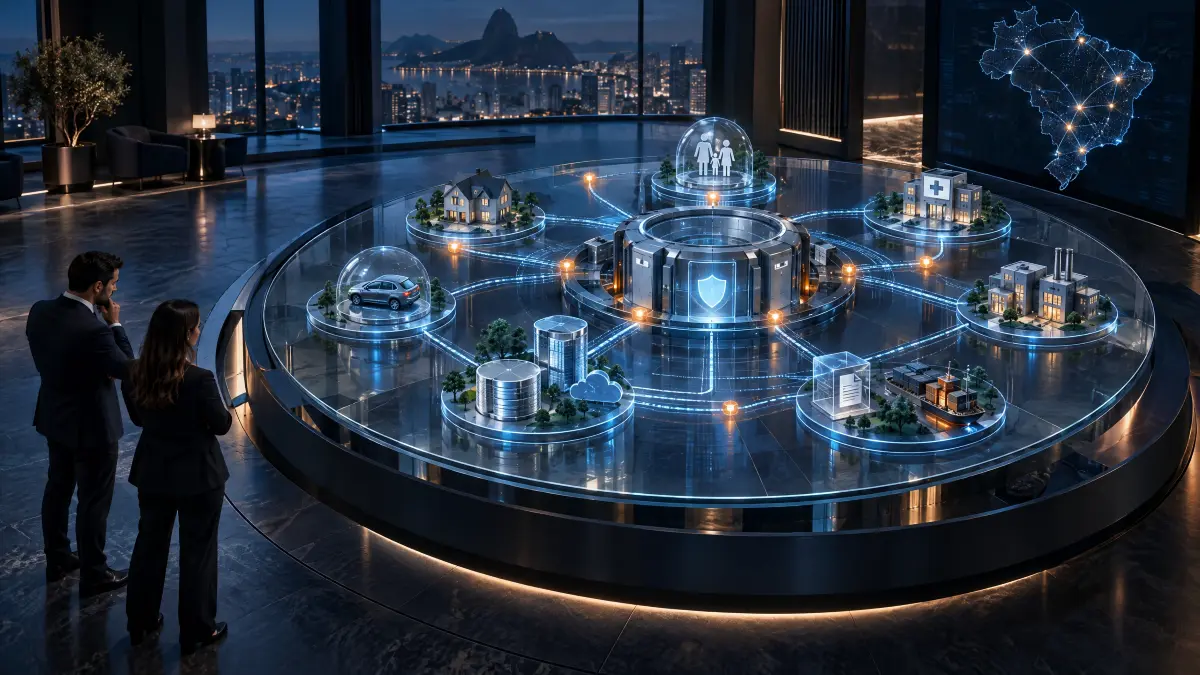 plataforma para cooperativa de seguros: Visão futurista de uma plataforma de cooperação de seguros em mesa holográfica, com ícones de casas e escudos digitais conectados por pontos luminosos, ao lado de pessoas em ambiente corporativo ao fundo.