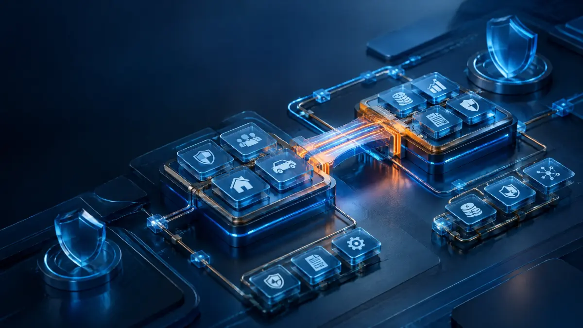 Ilustração em tecnologia de uma central com elementos digitais de seguros e ícones de proteção, conectividade e dados, em cenário azul futurista, sugerindo reforma tributária no setor de seguros.