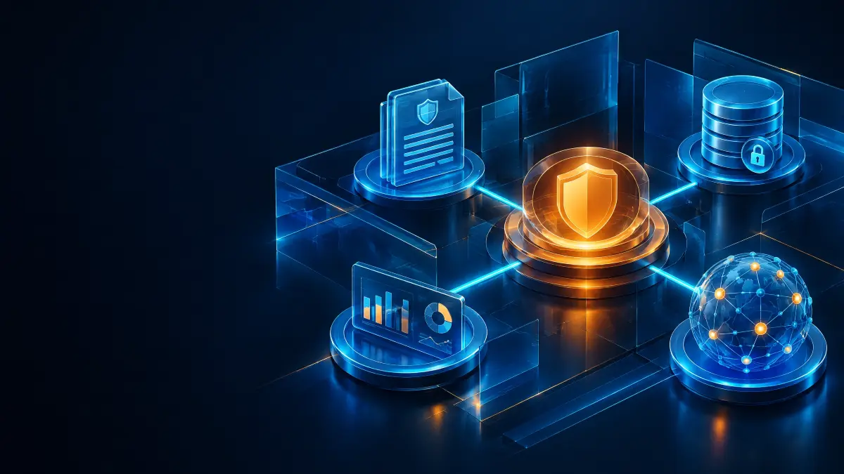 Ilustração em tecnologia azul com cubos e elementos holográficos de segurança, escudo central, ícone de cadeado e base de dados, simbolizando proteção e conformidade regulatória, resolução CNSP 496.