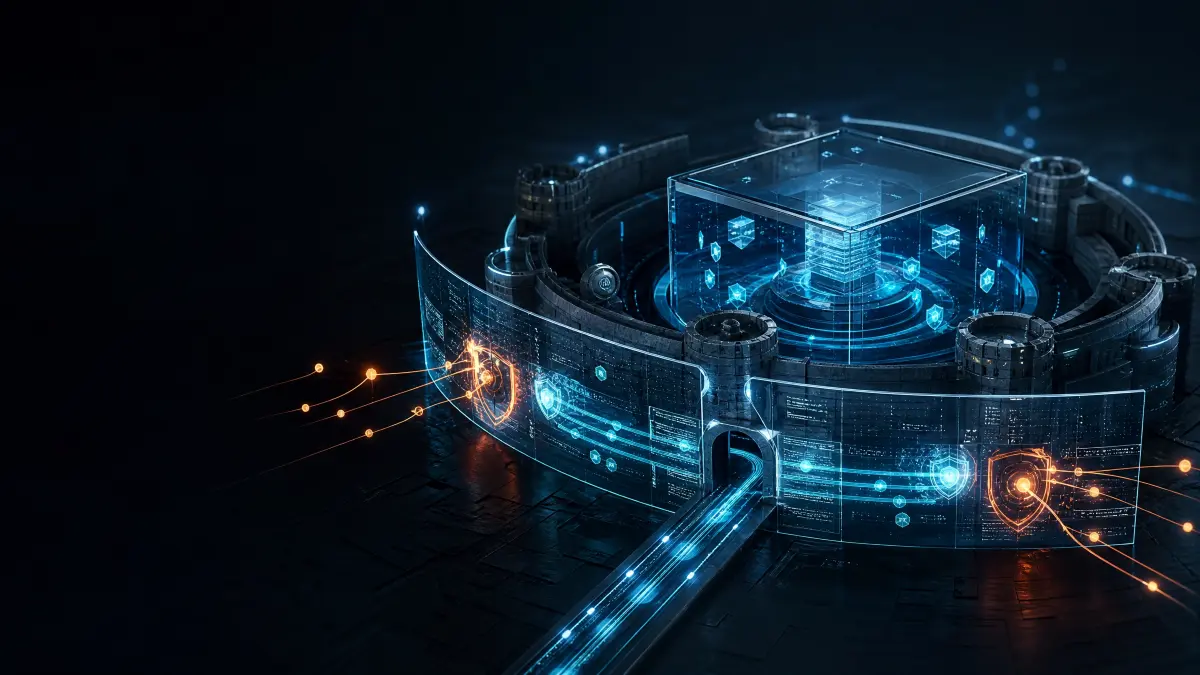 Cenário futurista de segurança digital com uma central de dados cercada por circuitos, ícones de proteção e conexões de rede, transmitindo segurança cibernética em seguradoras e monitoramento online.