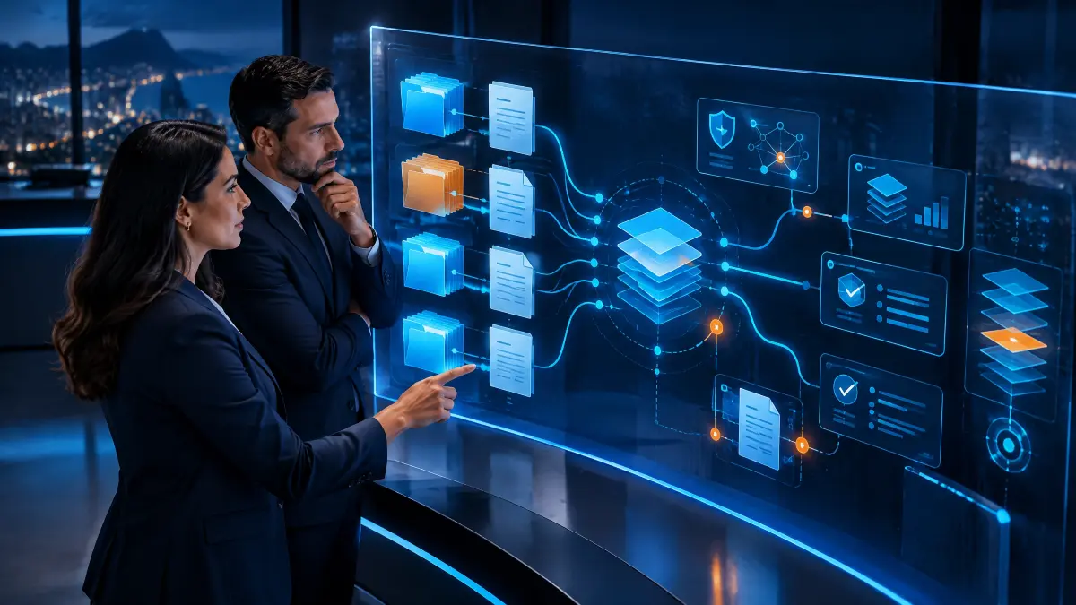 Equipe analisando em um painel digital holográfico dados de um sistema de resseguro, com interfaces de segurança e informações conectadas em rede durante a noite na cidade