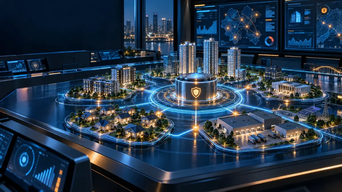 sistema para administradora de proteção patrimonial mutualista: Visão de um sistema digital para administradora de proteção patrimonial mutualista em um mapa holográfico de uma cidade, com painéis de dados e rotações luminosas ao fundo.