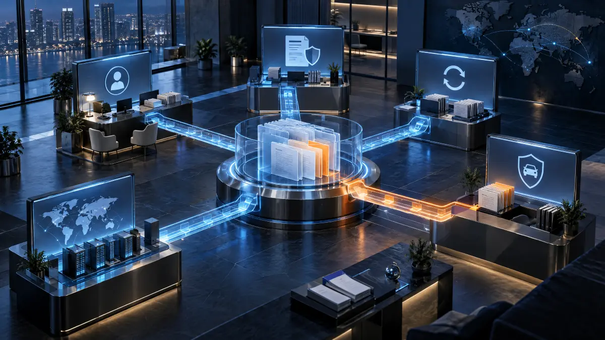 Visão de uma central corporativa futurista com mesas e telas holográficas, conexões em rede e ícones de segurança, sugerindo um sistema para corretora de seguros com proteção e dados integrados.