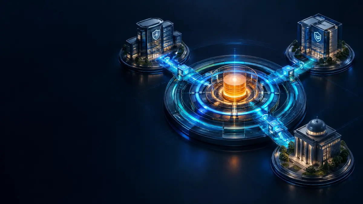 SRO Susep: Ilustração digital em fundo azul mostrando estruturas urbanas em miniatura conectadas por um anel de tecnologia com luzes azuis e circuitos, visual futurista de integração de dados