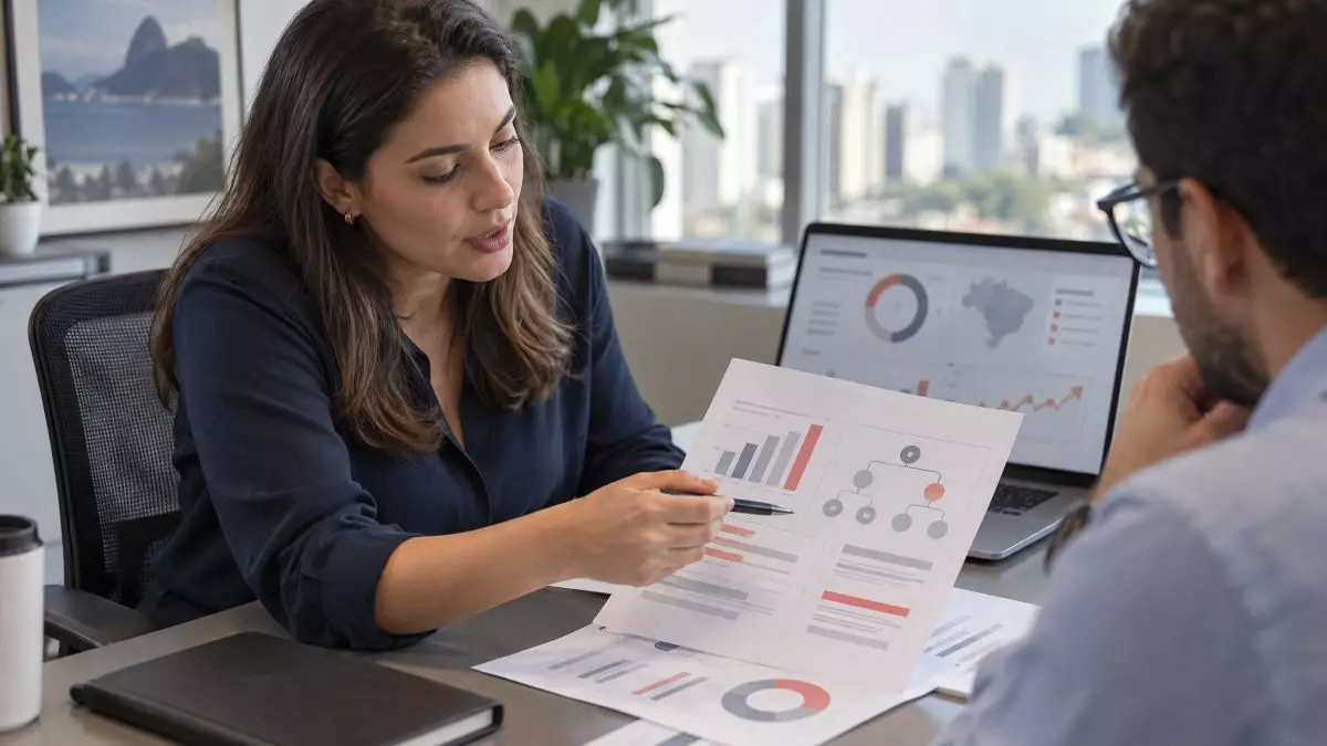 Equipe em escritório analisa relatórios e gráficos em telas de computador, enquanto uma mulher aponta dados em documentos durante uma reunião corporativa, contexto para explicabilidade de IA em seguros.